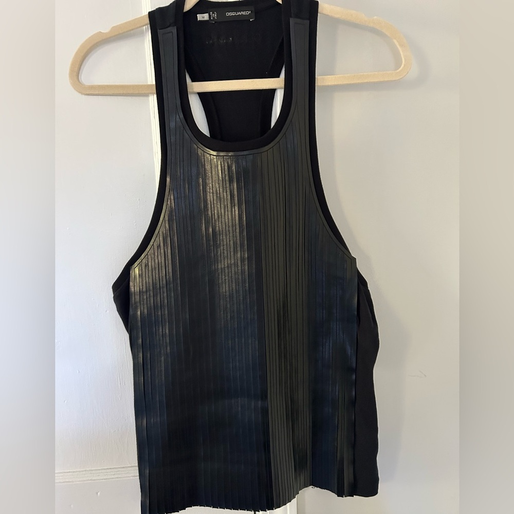 Men’s DSQUARED2 vegan leather front racer back tank top.